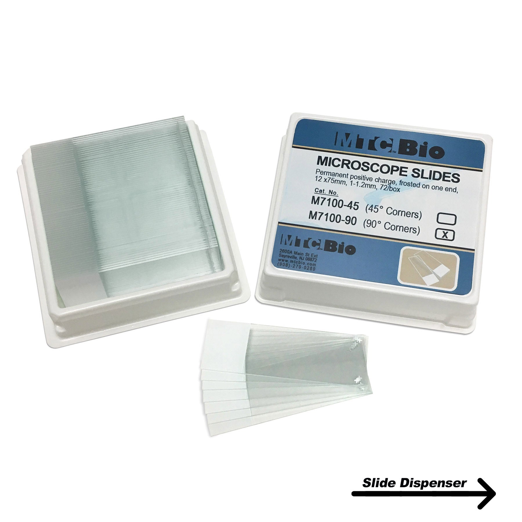 MTC Bio M7100-45, Microscope Slides, Positive Charged, 45° Corners, Frosted On One End, 25 x 75mm, 72/pk