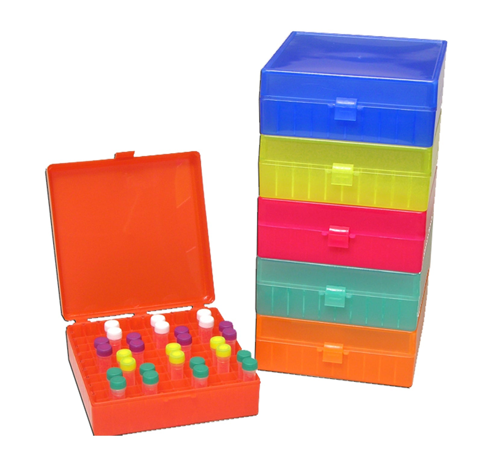 MTC Bio R1020, Storage Box, Hinged Lid, 100 x 1.5ml, Rainbow Pack Of Assorted Colors, 5/pk