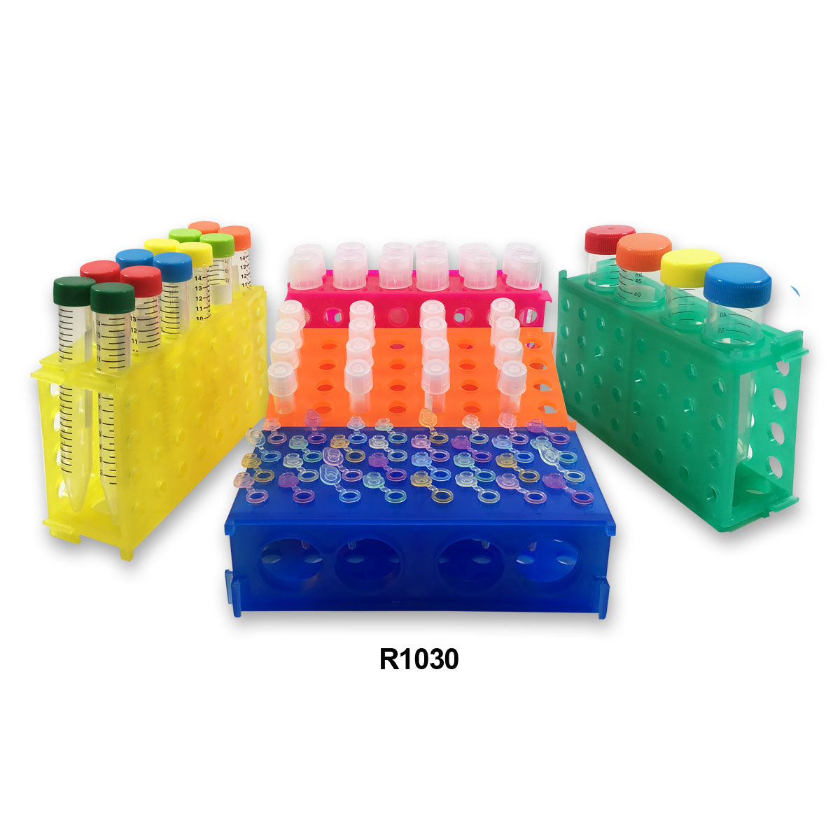 MTC Bio R1030, Rack, 4 Way (4x50, 12x15, 32x1.5/0.5ml), Rainbow Pack, 5/pk
