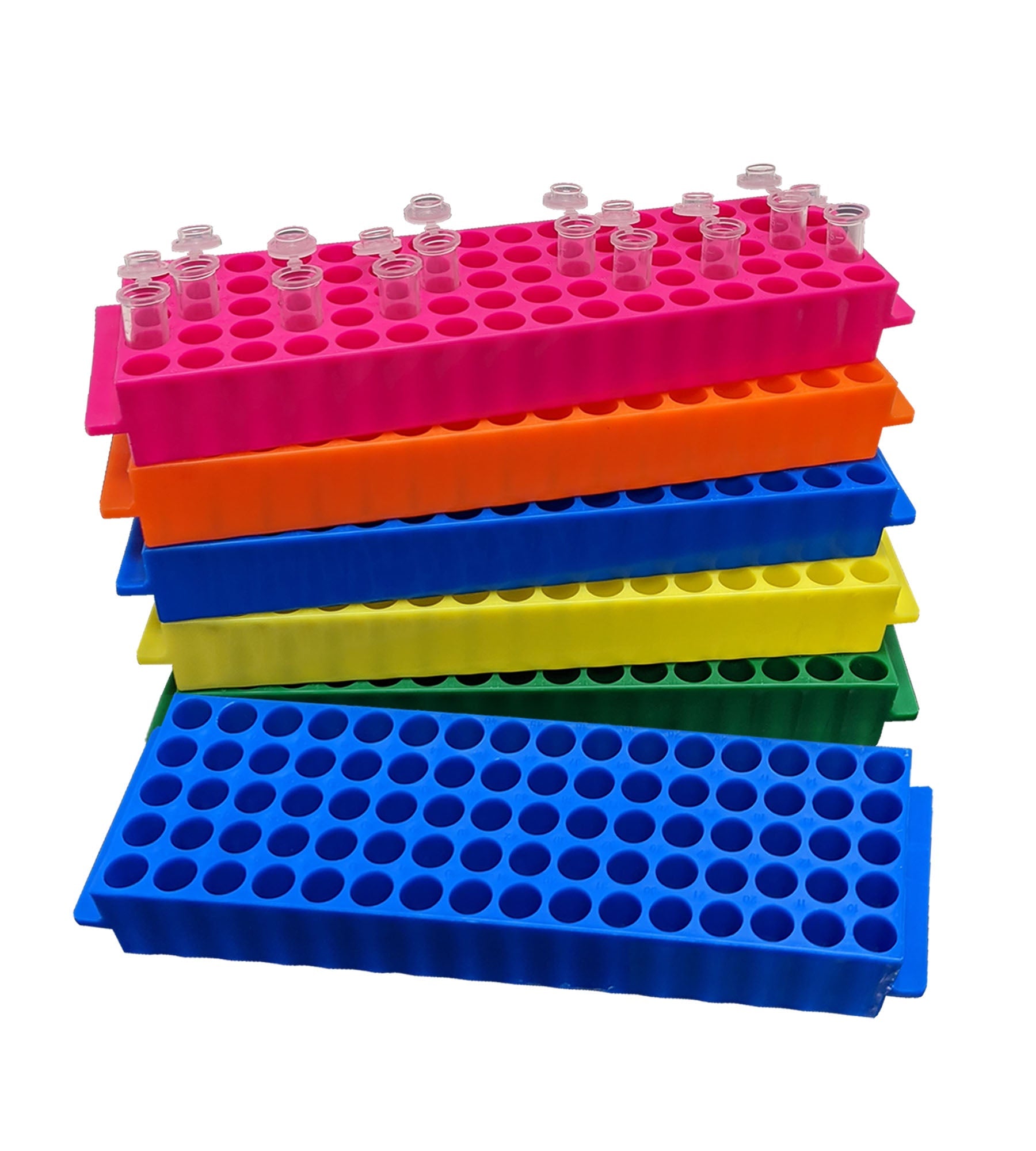 MTC Bio R1040, Tube Rack, Fraction Collector Type, 80 x 1.5ml/2ml, Assorted Colors (B, G, R, Y, O), Pack Of 5