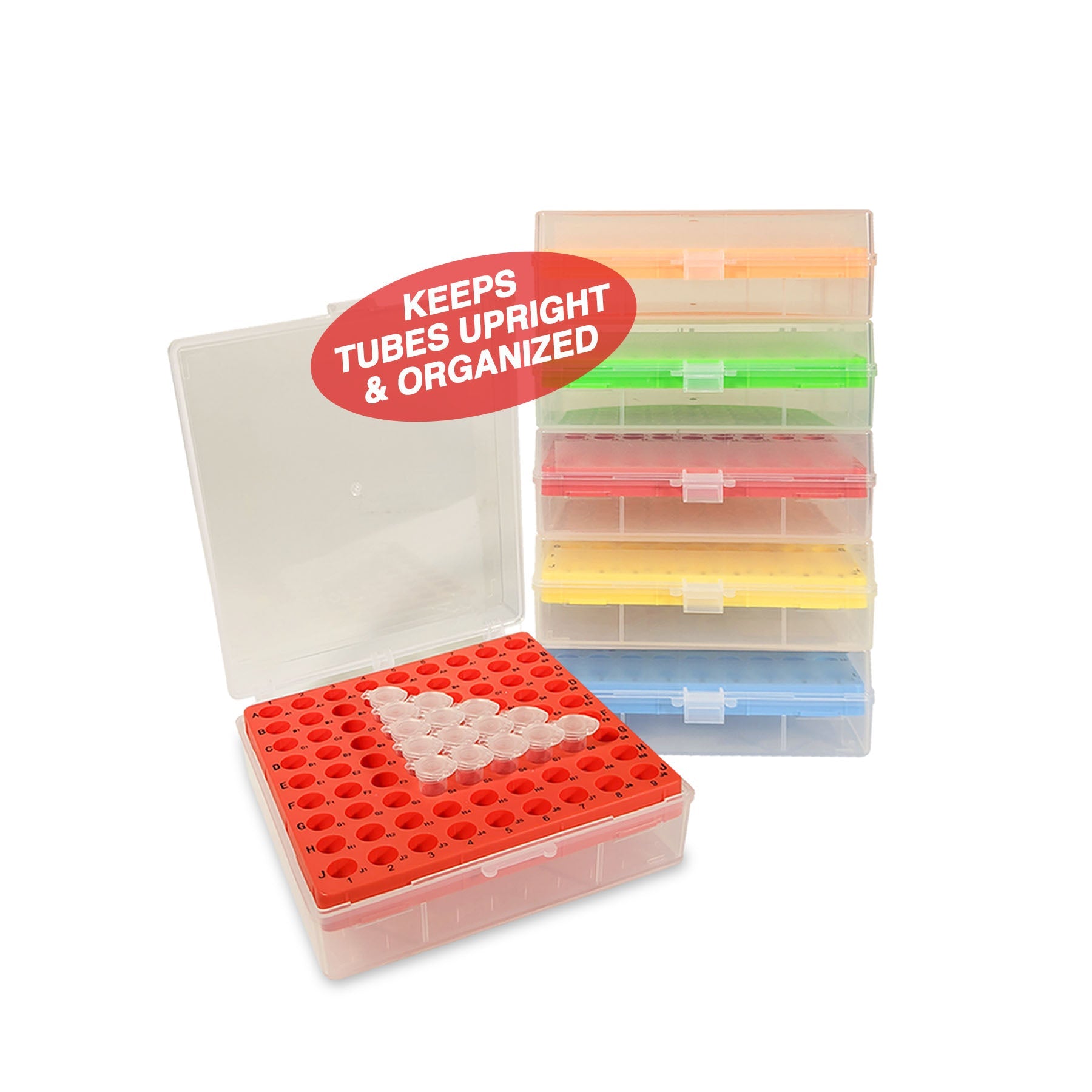 MTC Bio R1081-A, Betterbox Storage Box with Hinged Lid, 81 x 1.5ml To 2.0ml Microtubes Pack Of 5, Assorted Colors