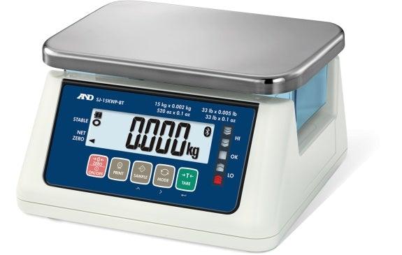 A&D SJ-15KWP-BT, 15kg/33lb x 0.0005kg/0.001lb, SJ-WP Series Washdown Compact Bench Scale with Bluetooth